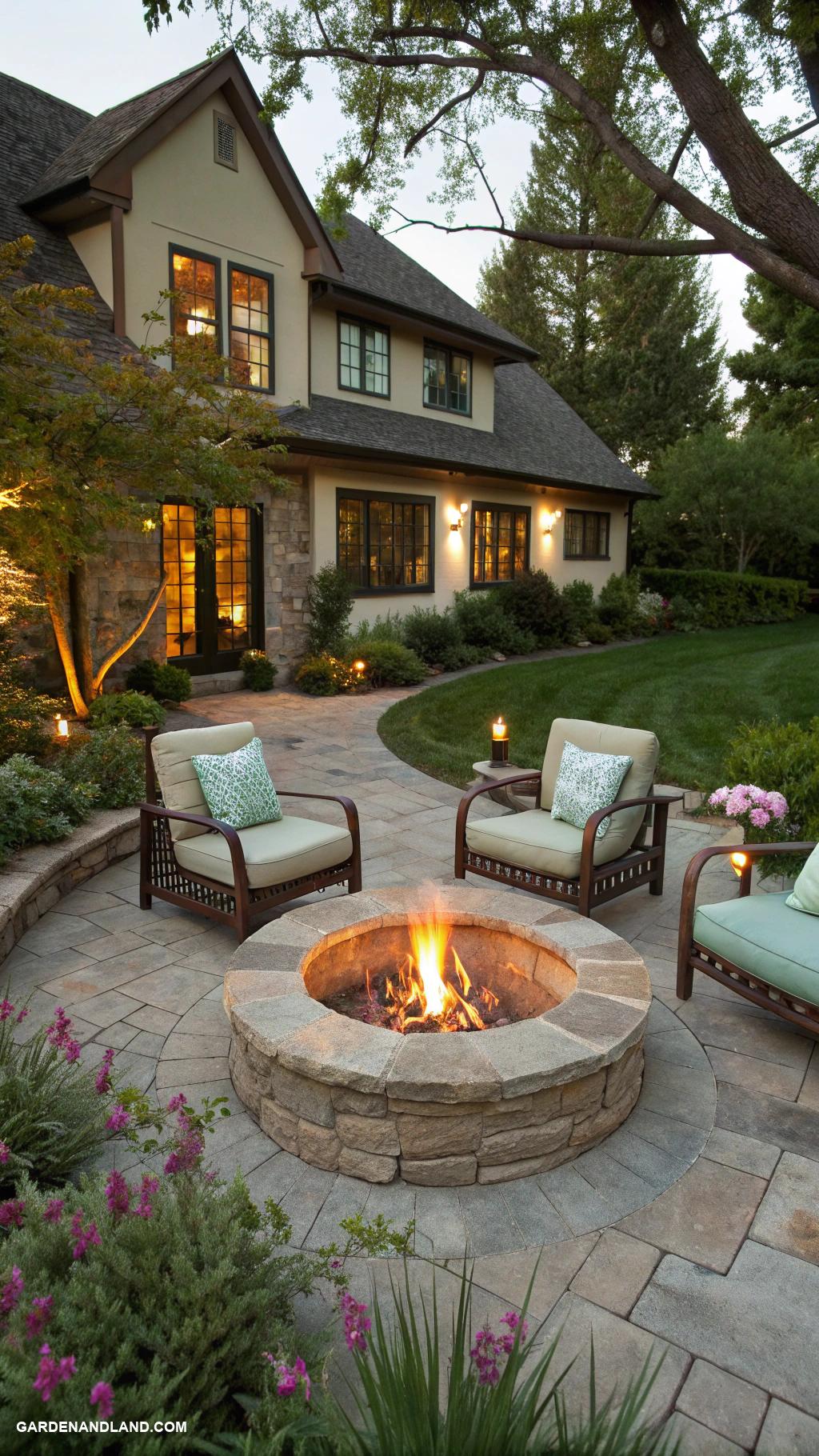 landscaping against house Fire pit surrounded by seating area