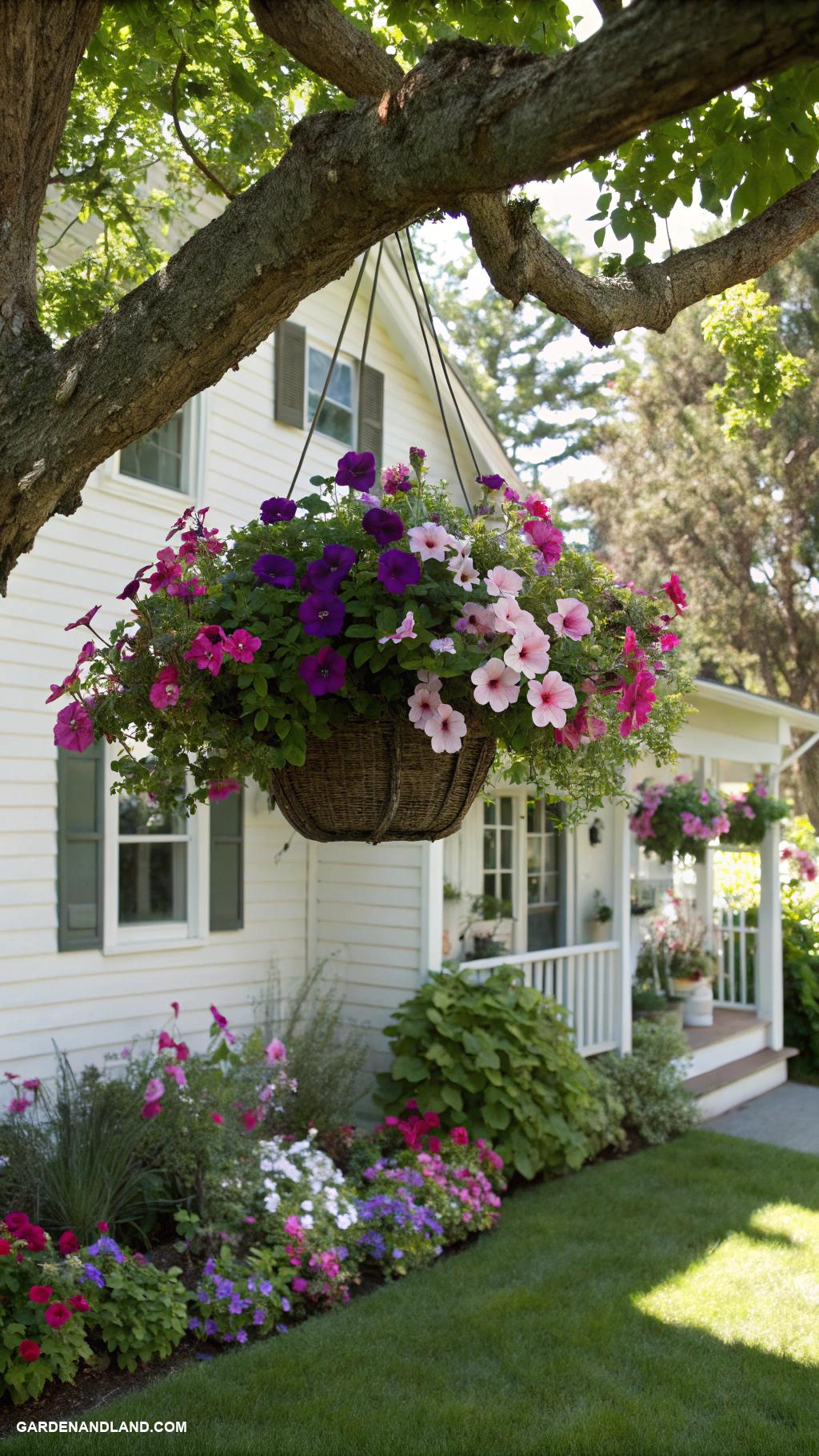 landscaping against house Hanging planters from tree branches