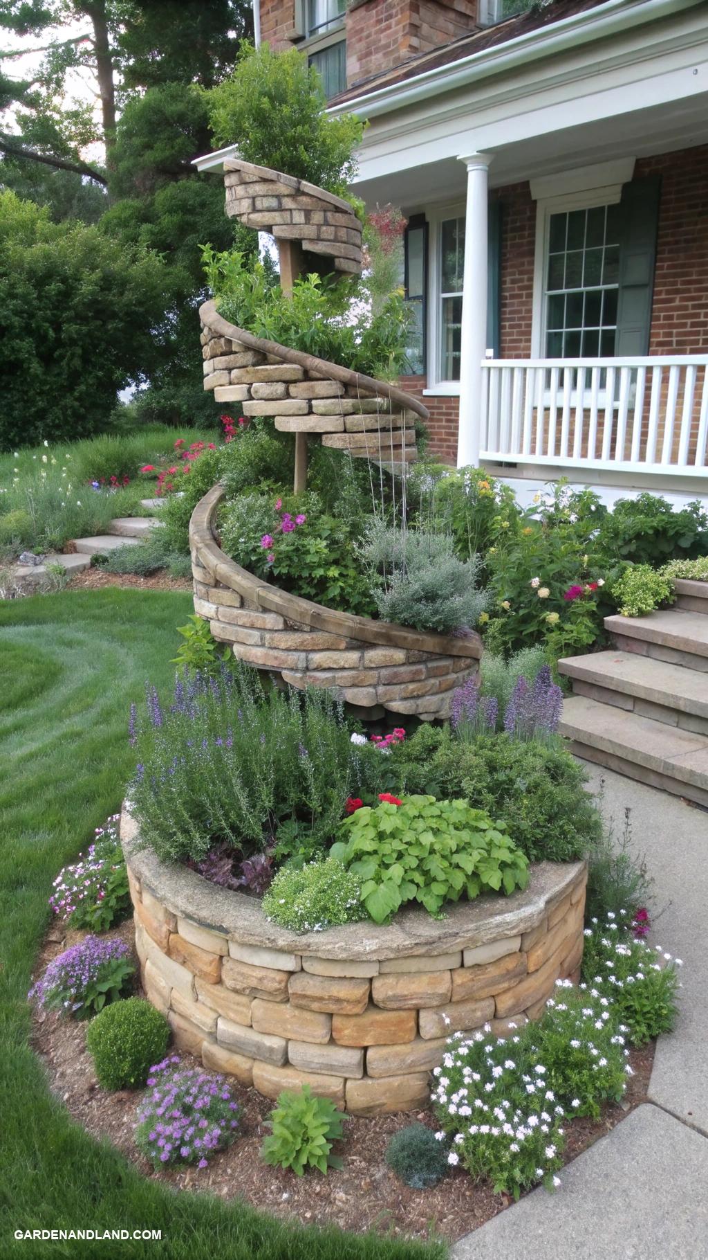 landscaping against house Herb spiral for efficient gardening