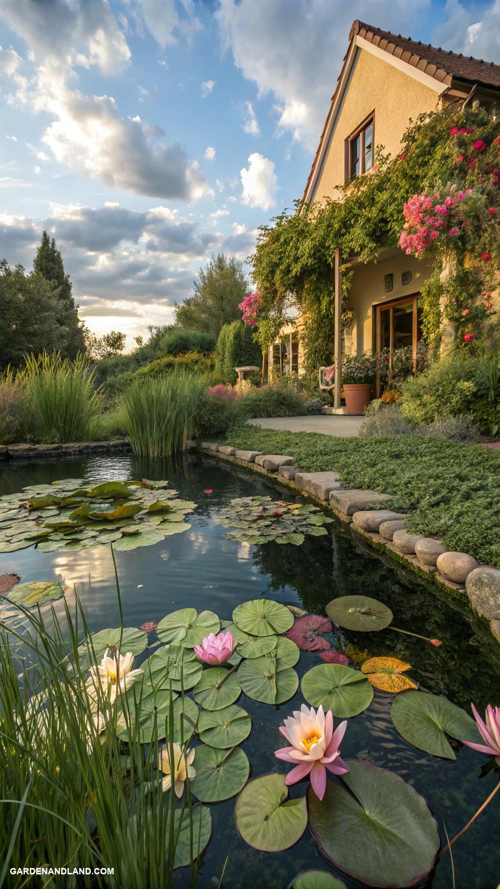 landscaping against house Miniature pond with aquatic plants
