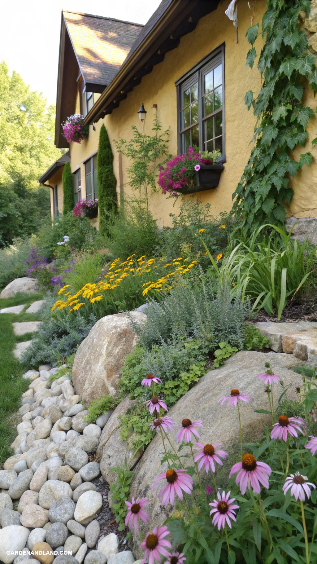 landscaping against house Rock garden with native flora species
