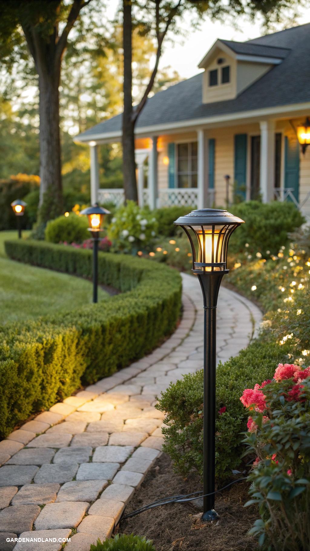 landscaping against house Solar powered path lights for ambiance