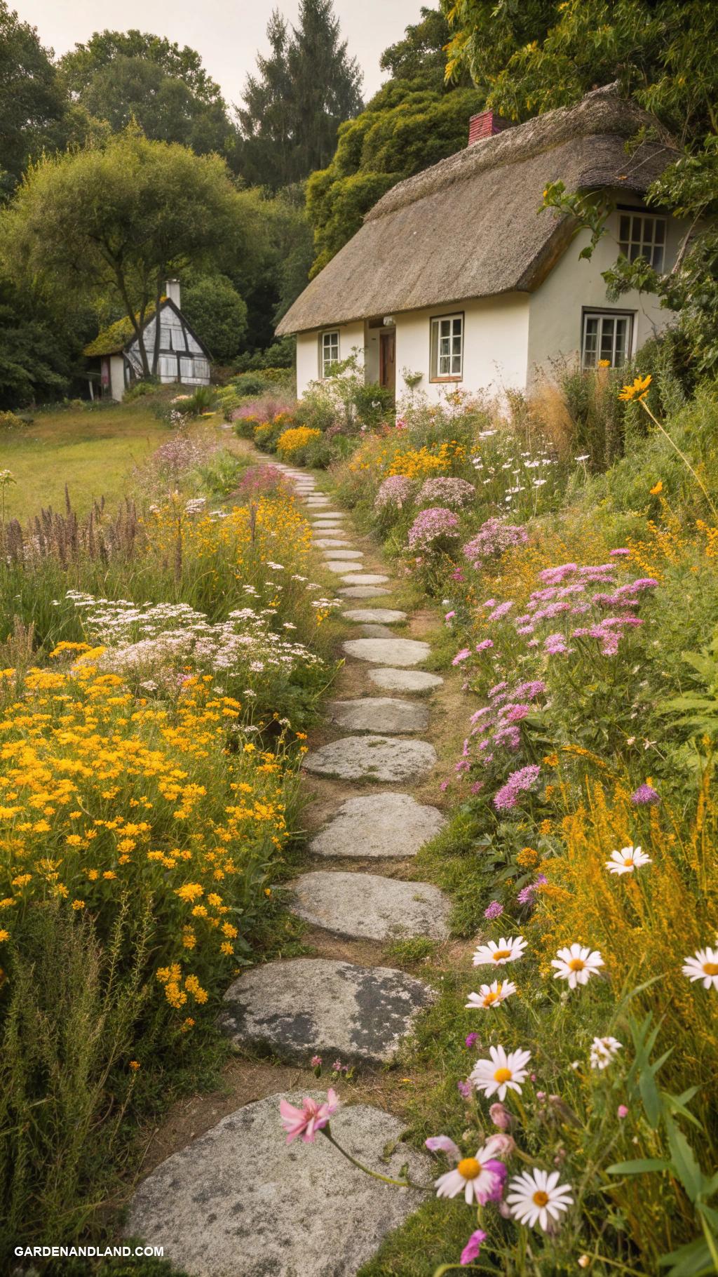 landscaping against house Stepping stones through wildflower border