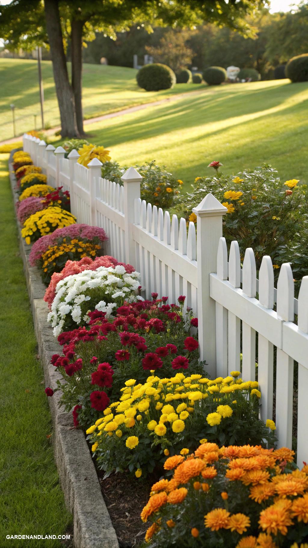 landscaping along fence Colorful flower beds bordering the fence