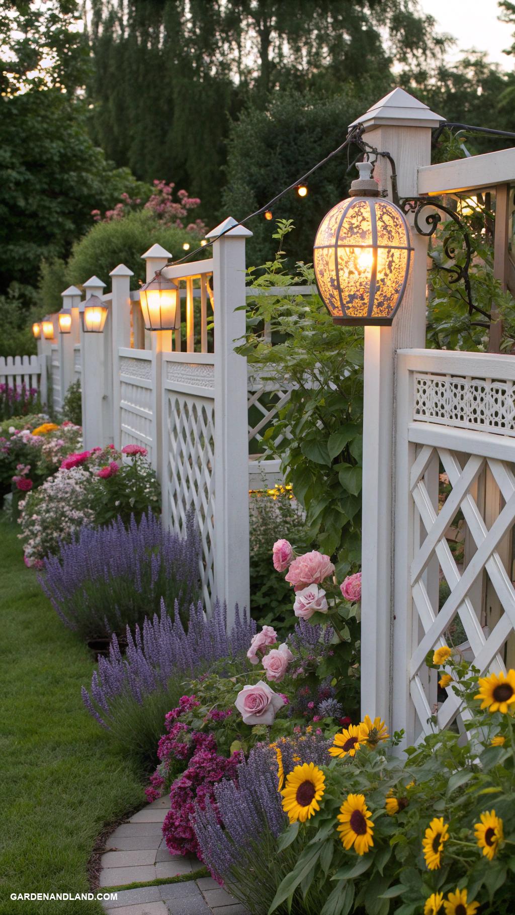 landscaping along fence Decorative fences with hanging lanterns