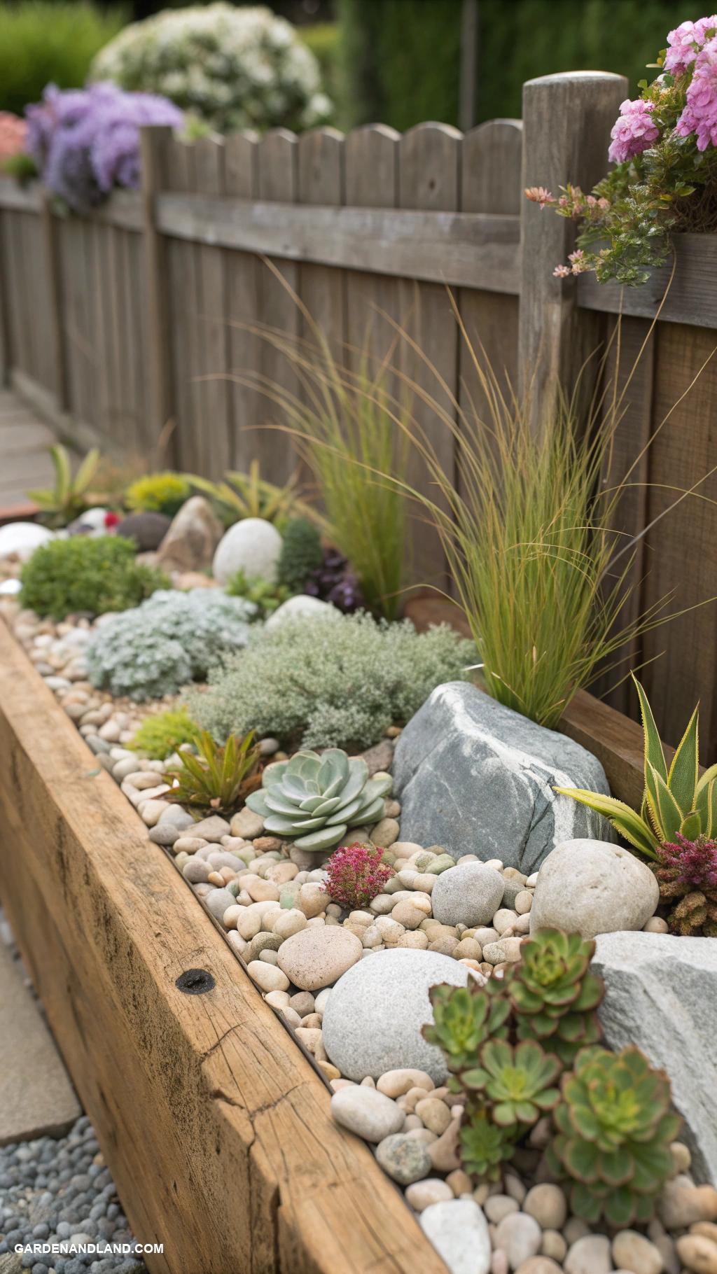 landscaping along fence Miniature rock garden against the fence