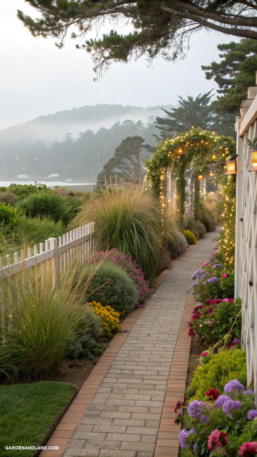 landscaping along fence Pathway bordered by low ornamental grasses