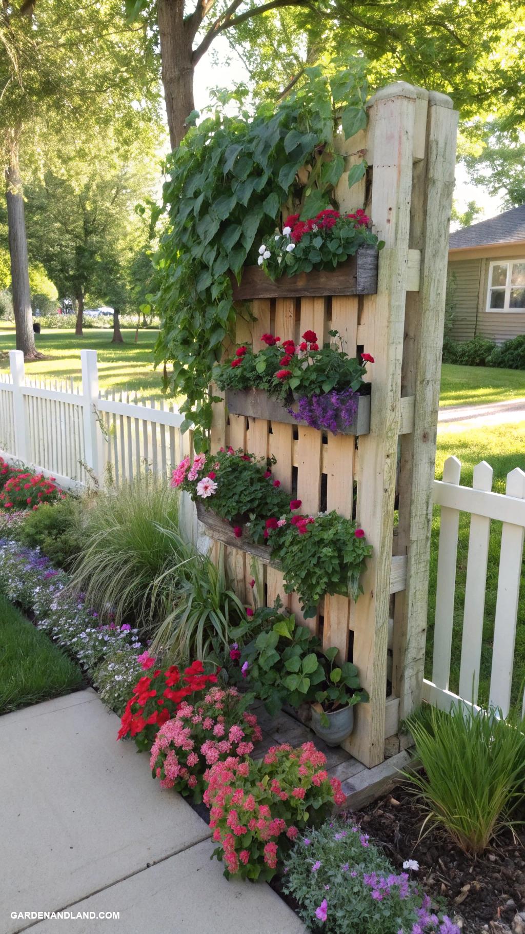 landscaping along fence Recycled pallets as creative fence art
