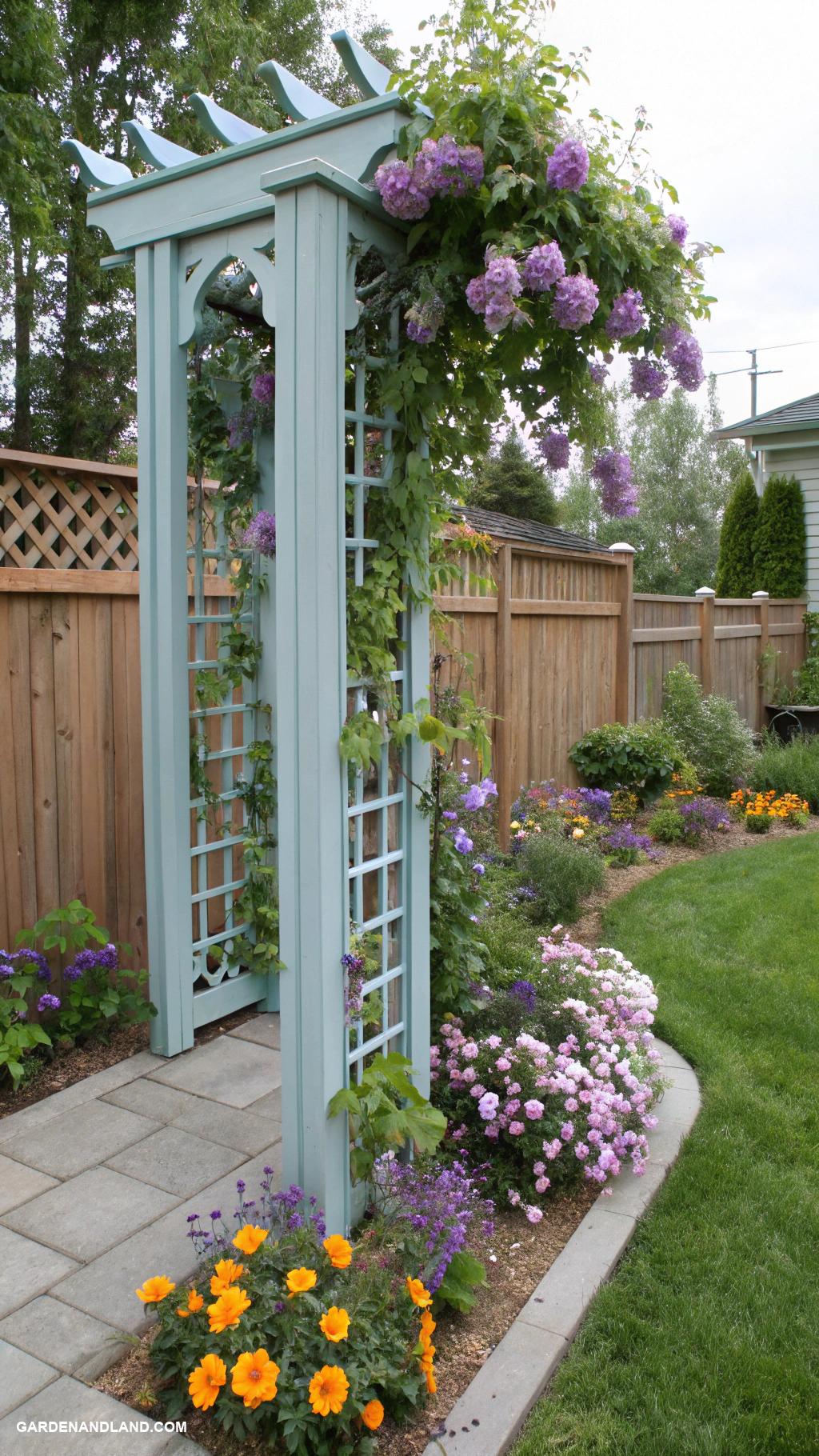 landscaping along fence Trellis with seasonal vines and flowers