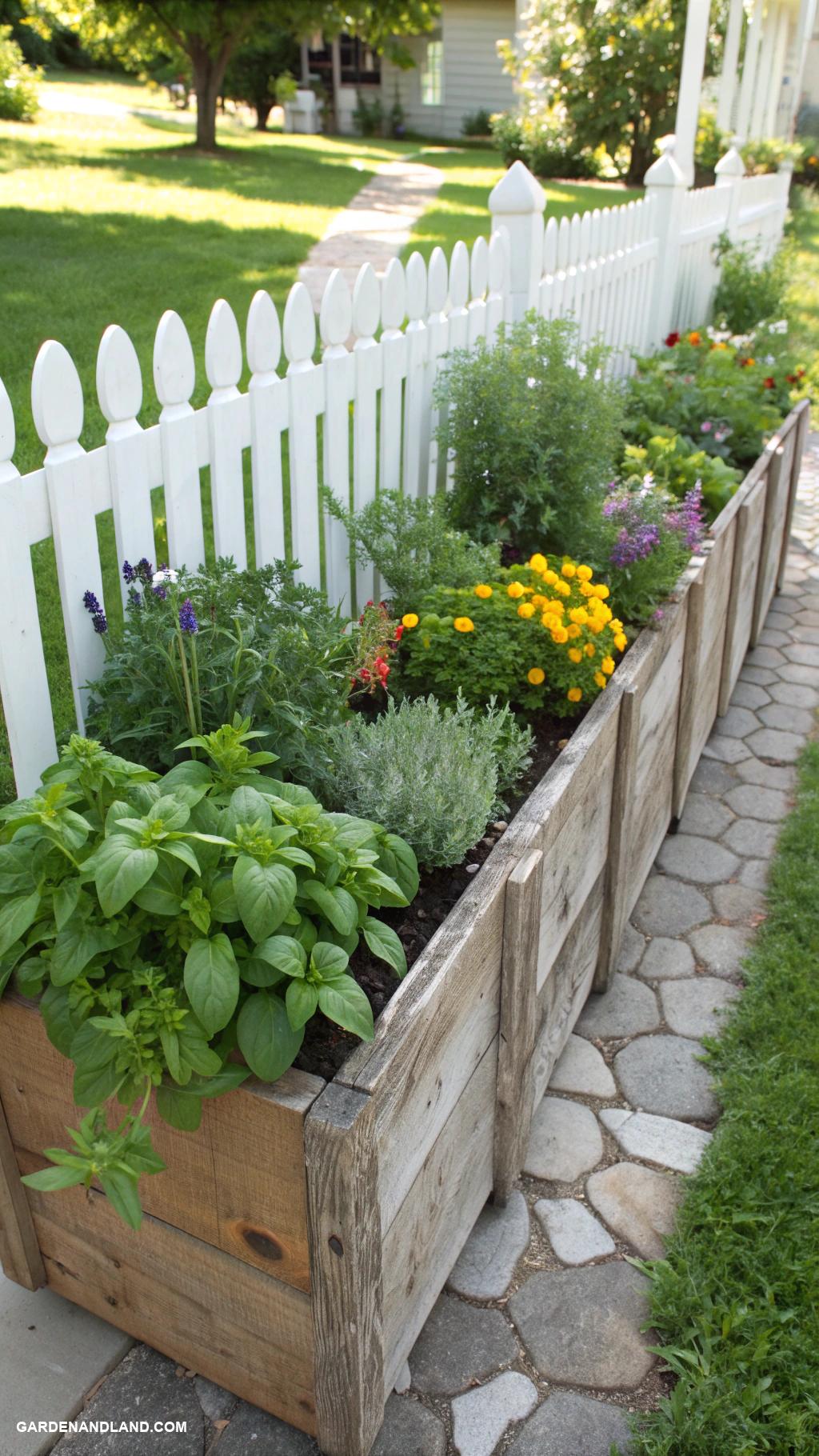 landscaping along fence Wooden planters with herbs and shrubs
