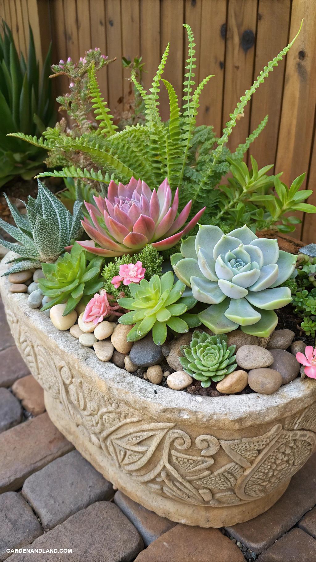landscaping with rocks Succulent display in stone planter