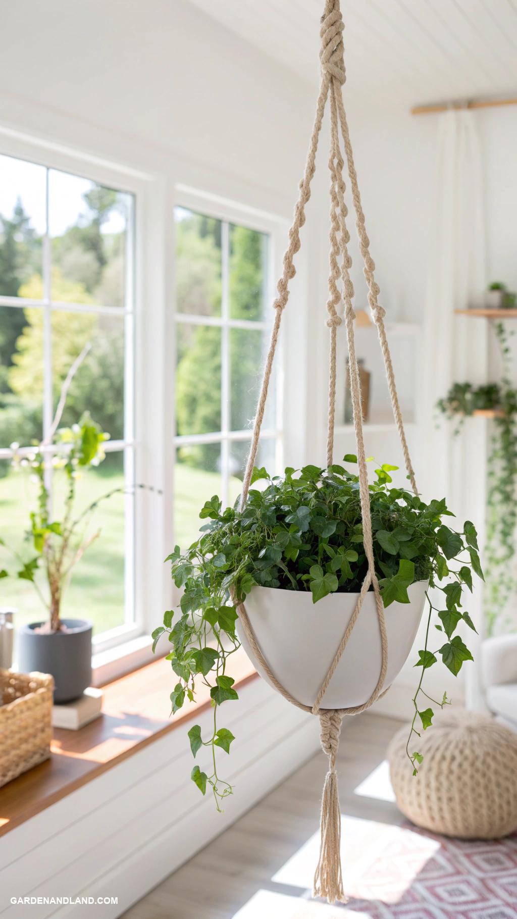 modern white planter ideas Hanging planters with rope accents