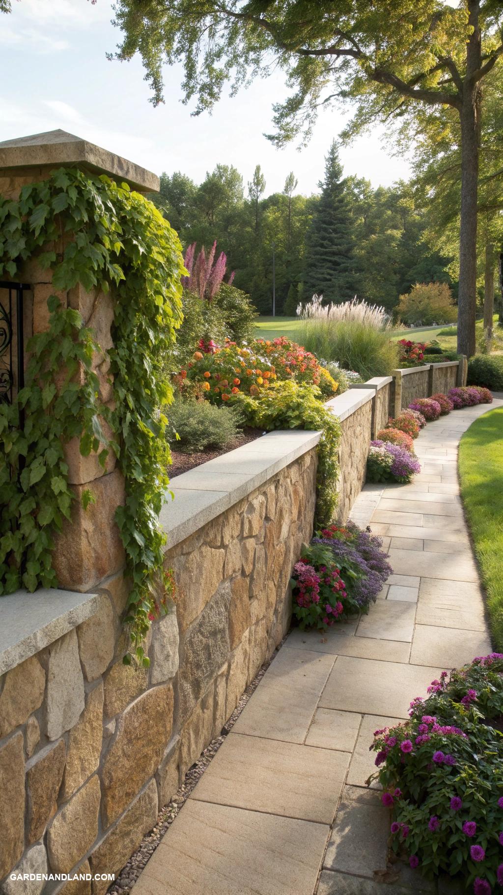 privacy fence ideas Decorative stone wall with foliage