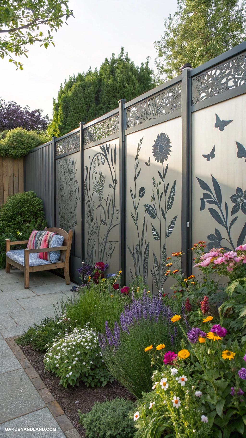 privacy fence ideas Metal panels with artistic cutouts