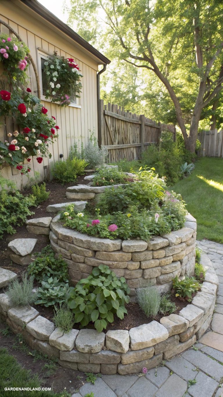 raised flower beds along back of house Lush herb spiral for culinary beauty