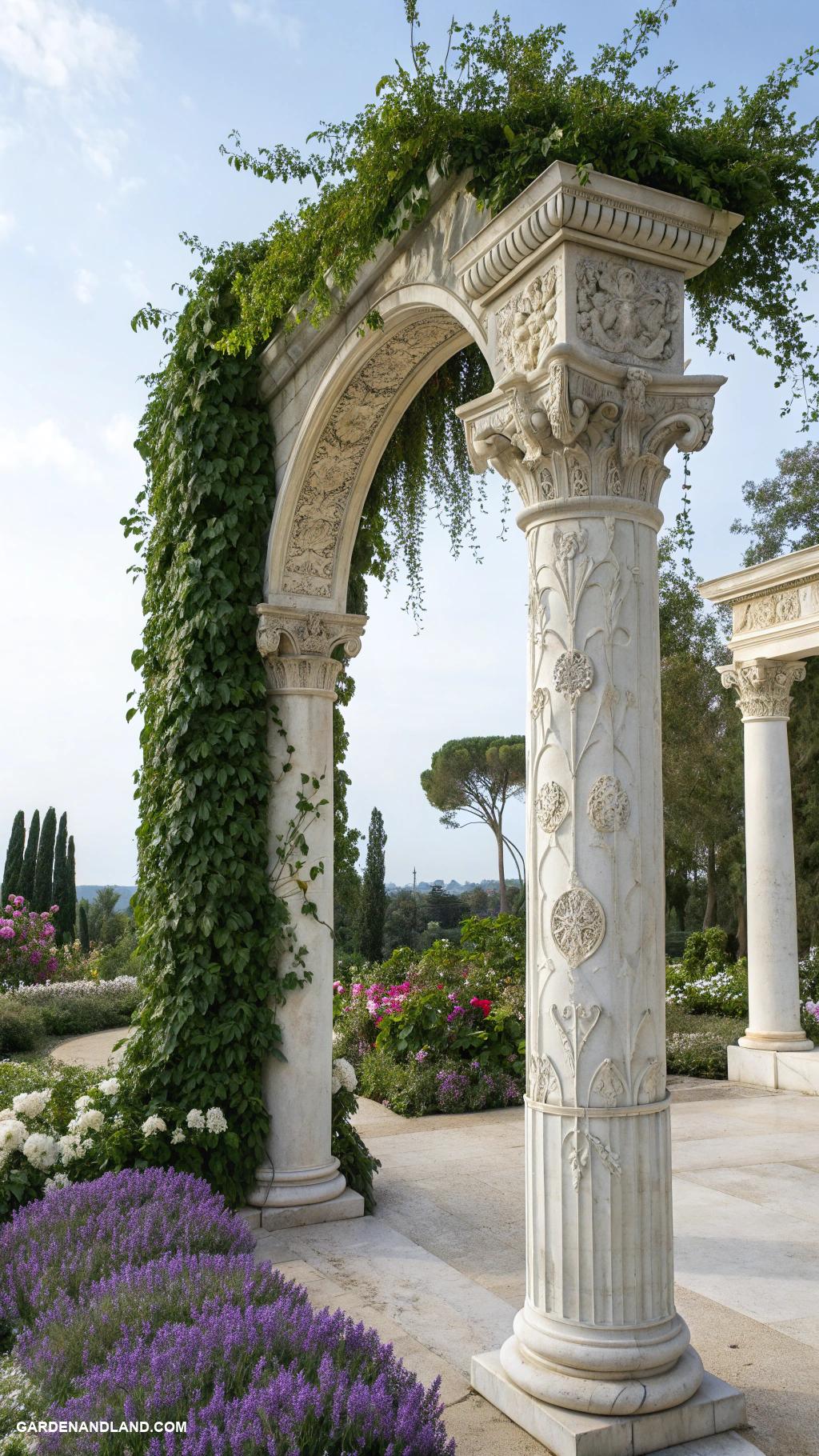 roman columns in garden Column archway with climbing vines