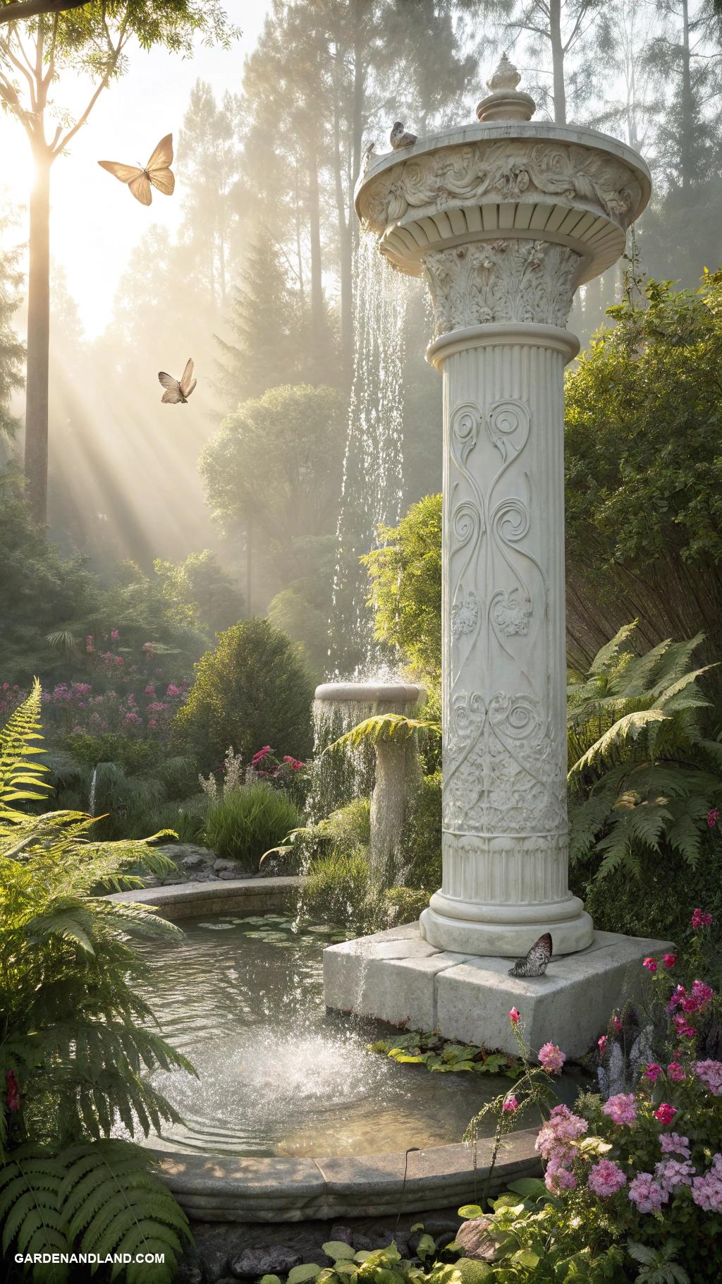 roman columns in garden Column water feature surrounded by greenery