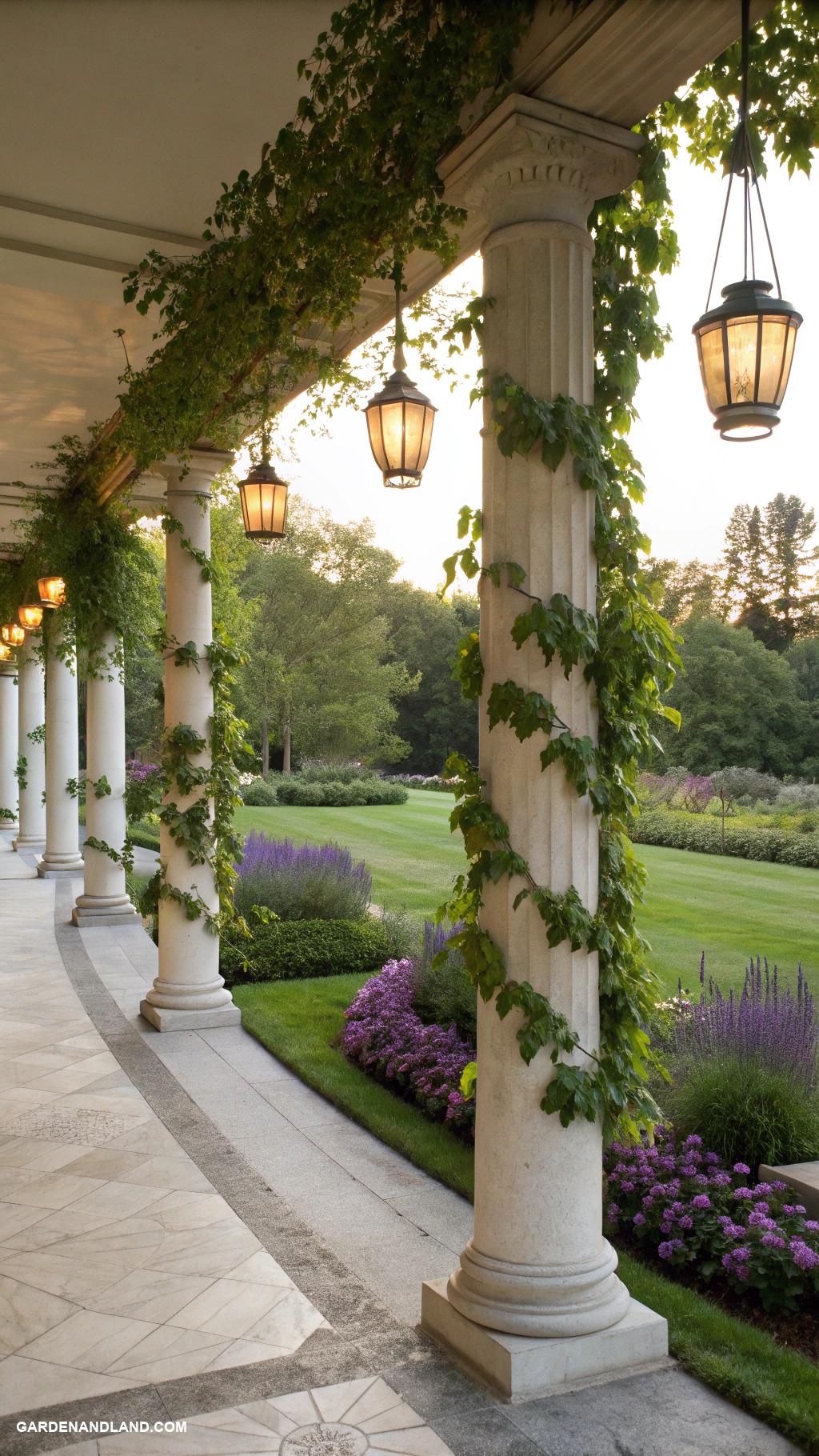 roman columns in garden Columns supporting hanging lanterns and plants