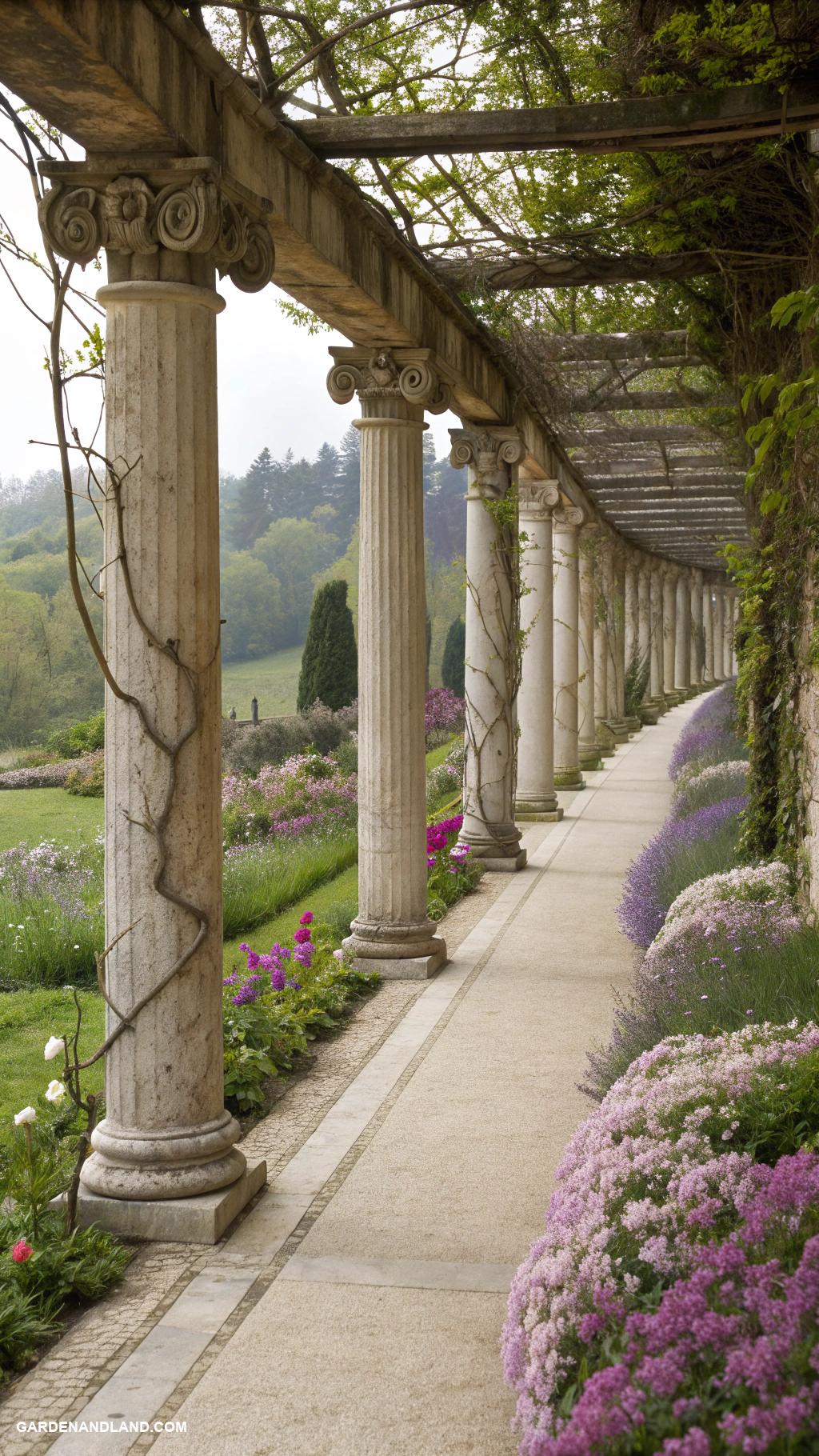 roman columns in garden Garden path lined with elegant stone columns