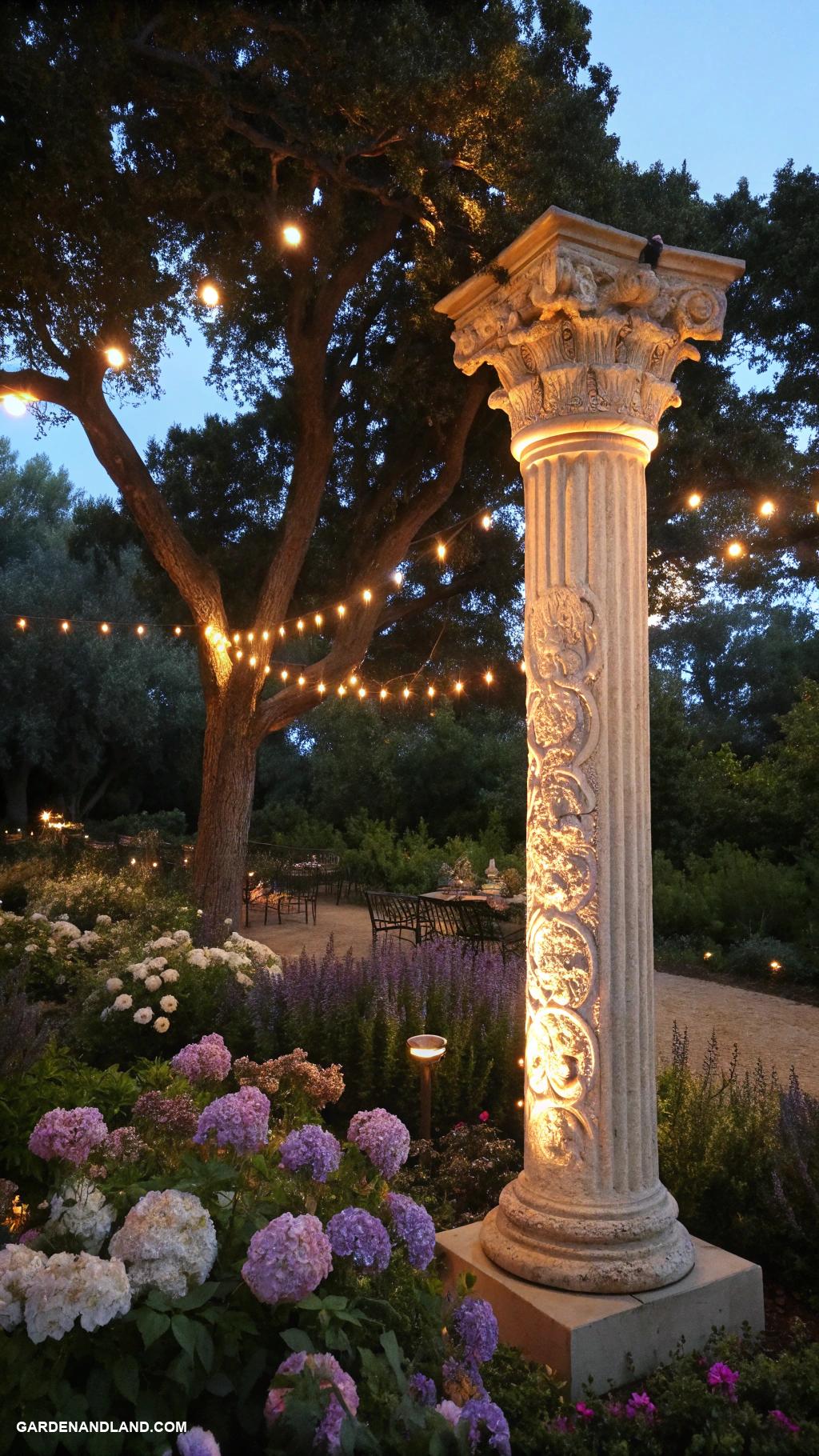 roman columns in garden Illuminated columns for evening ambiance