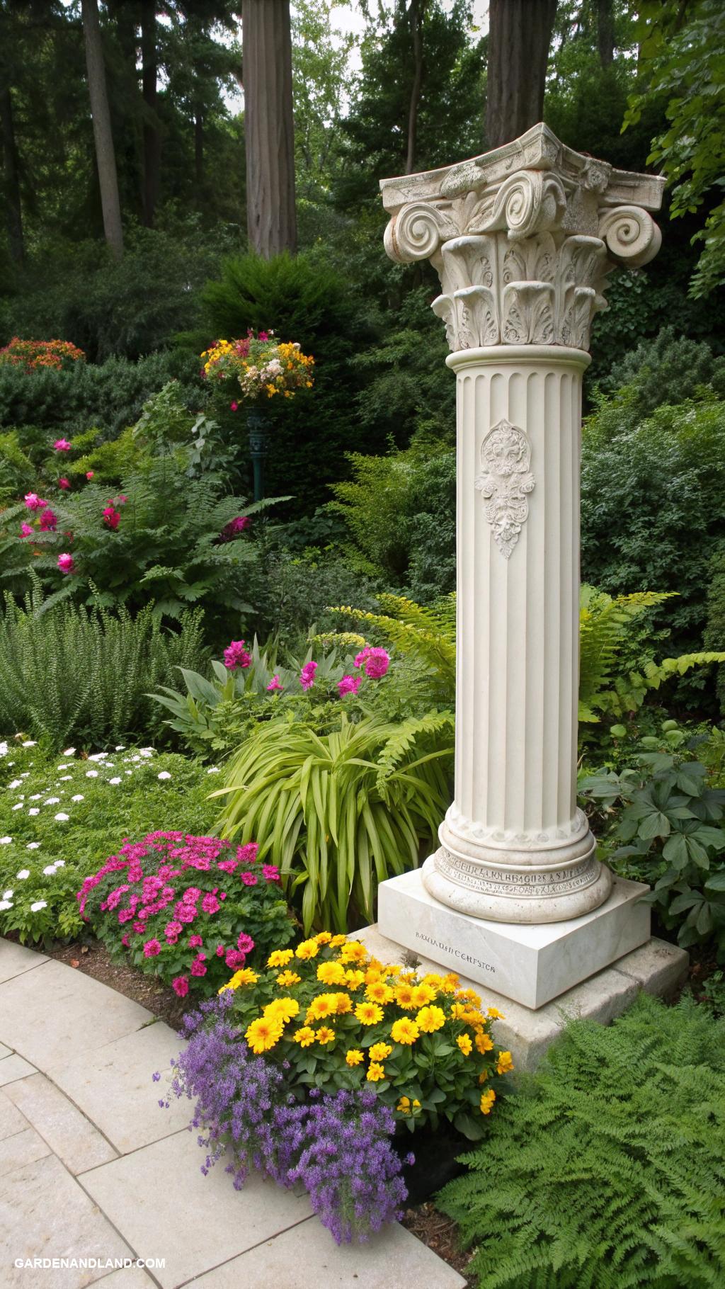 roman columns in garden Miniature Roman column sculptures in flower beds
