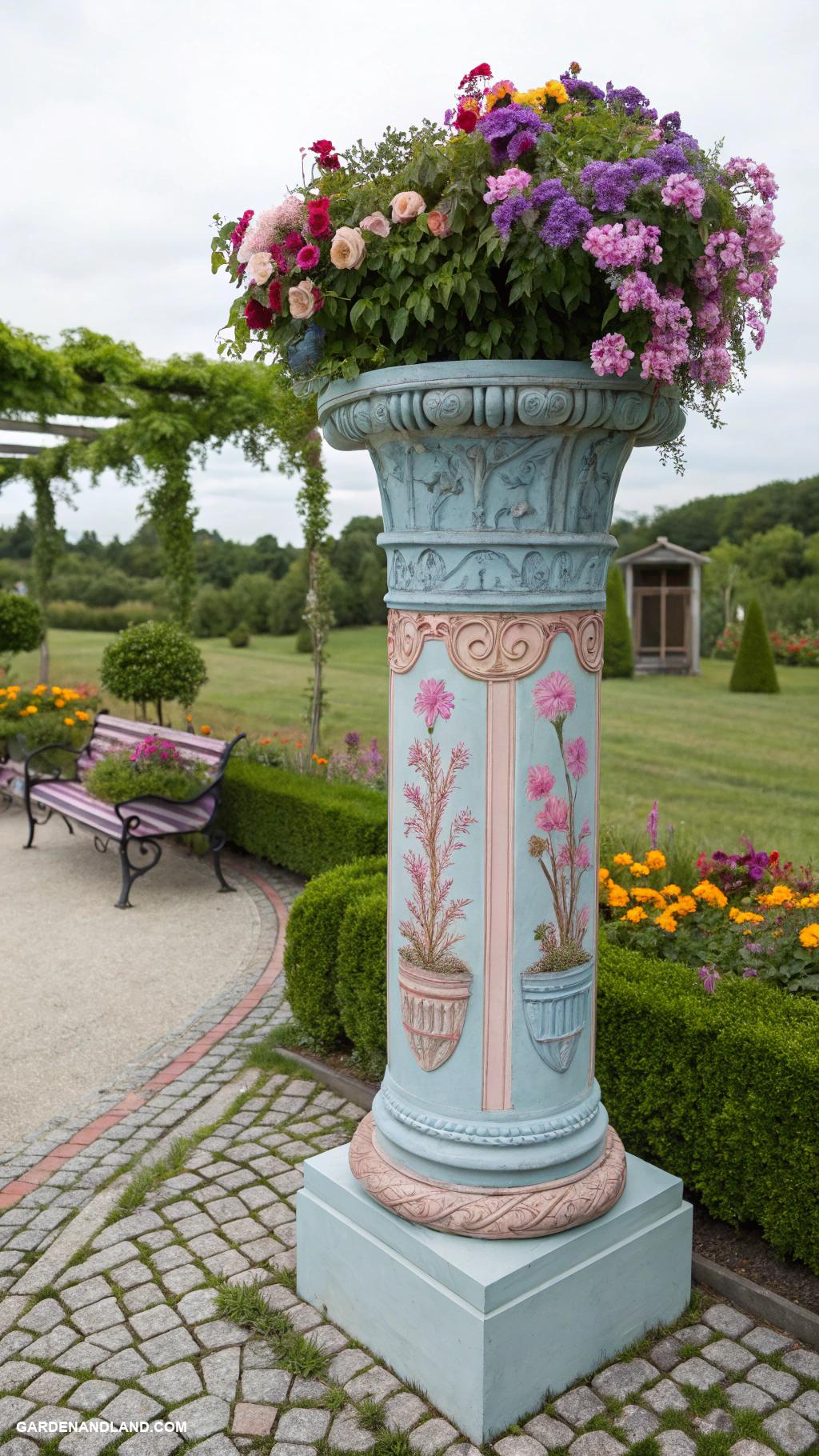 roman columns in garden Painted column planters with vibrant flowers