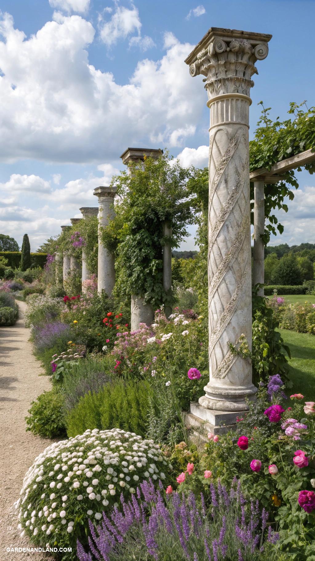 roman columns in garden Repurposed columns as garden borders