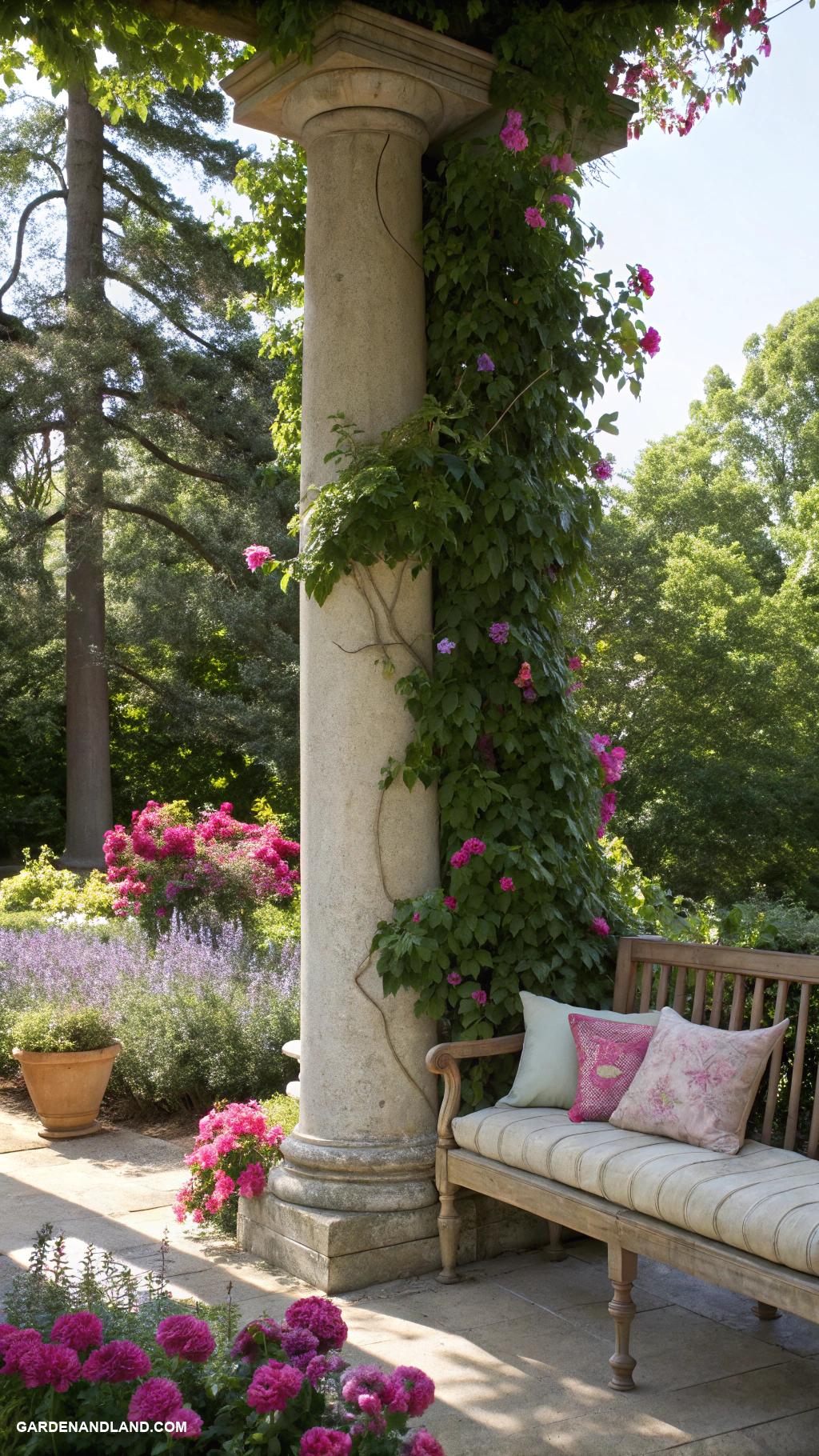 roman columns in garden Stone columns framing a peaceful seating area
