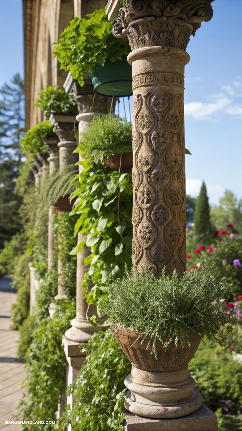 roman columns in garden Vertical herb garden on rustic Roman columns