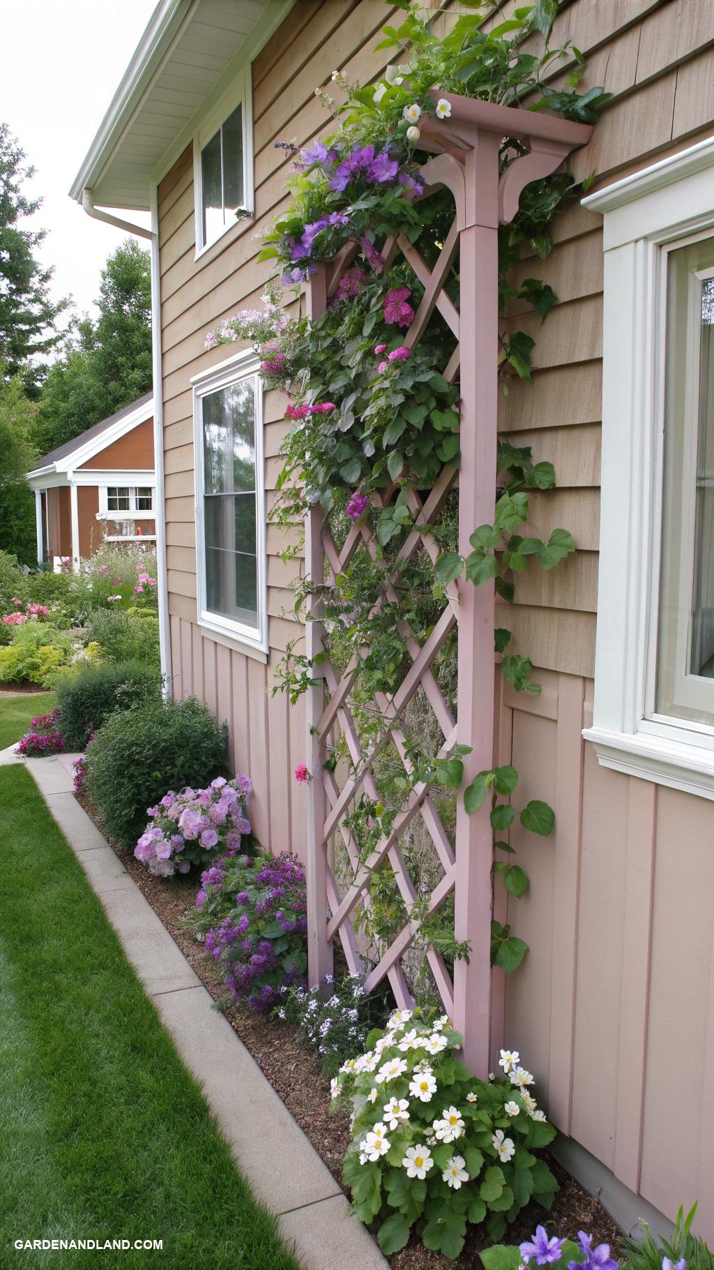 side of house landscaping Decorative trellis with climbing vines