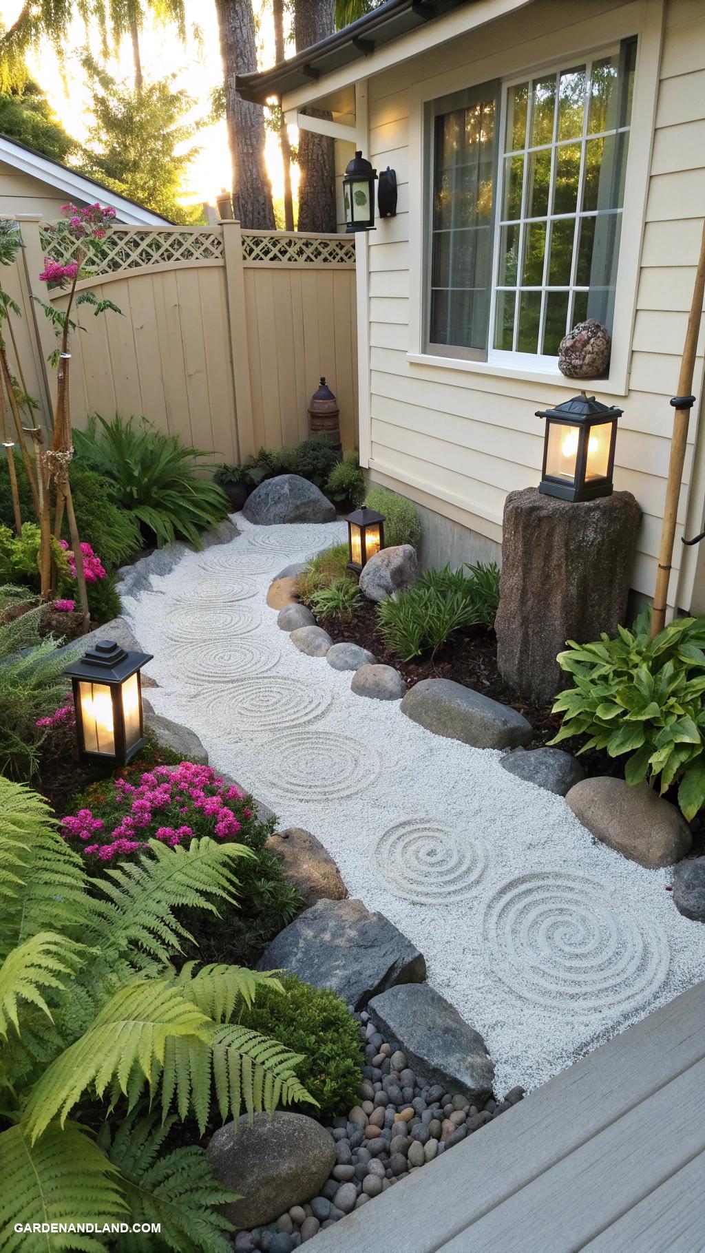side of house landscaping Mini Zen garden with sand and gravel