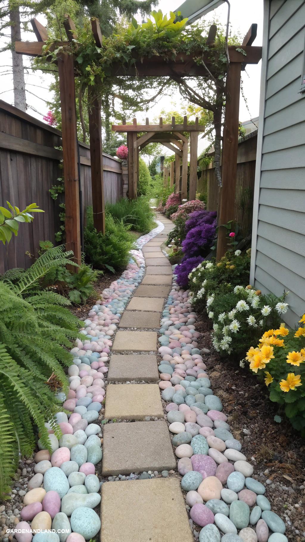 side of house landscaping Pathway lined with colored stones