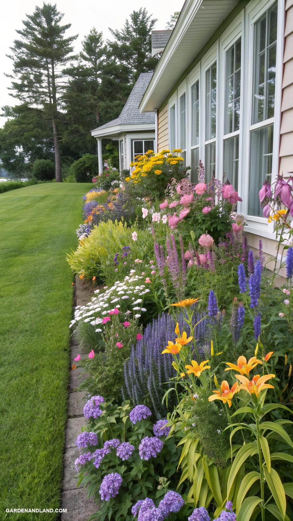 side of house landscaping Perennial flower border for year round blooms
