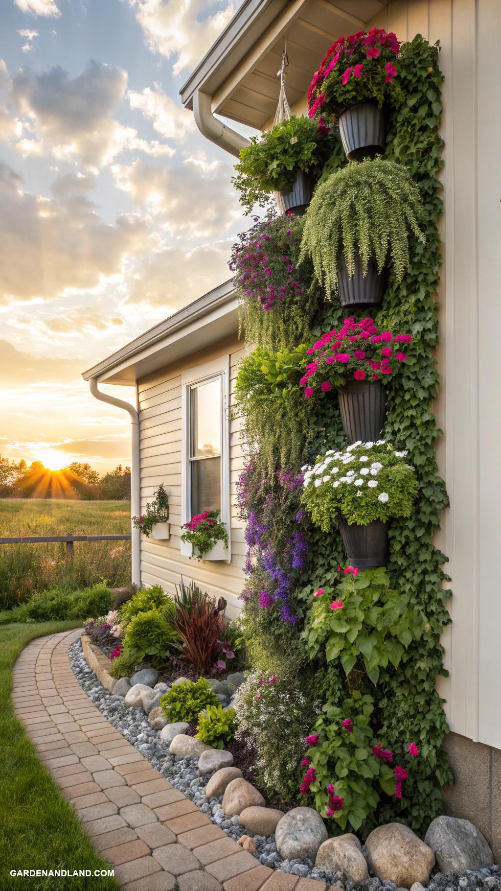 side of house landscaping Vertical garden with hanging planters