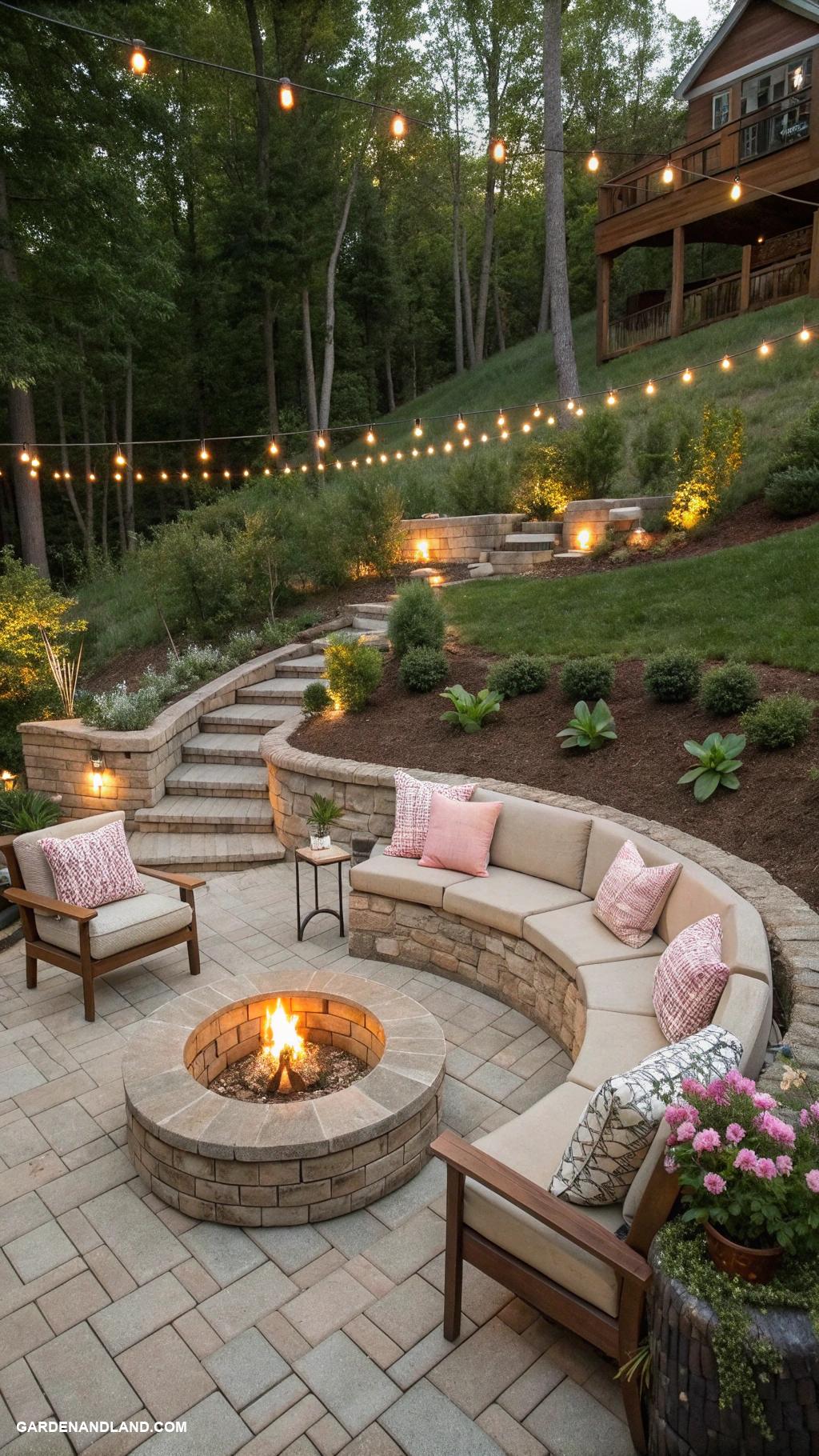 sloped backyard ideas Fire pit area with cozy seating arrangements
