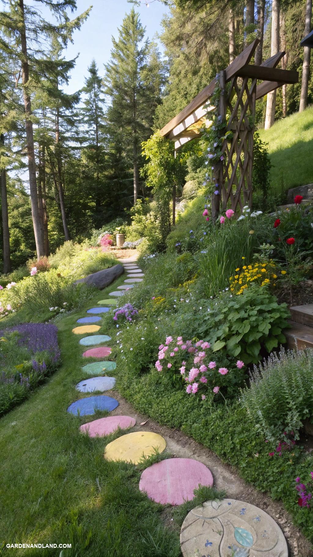 sloped backyard ideas Meandering path with colorful stepping stones