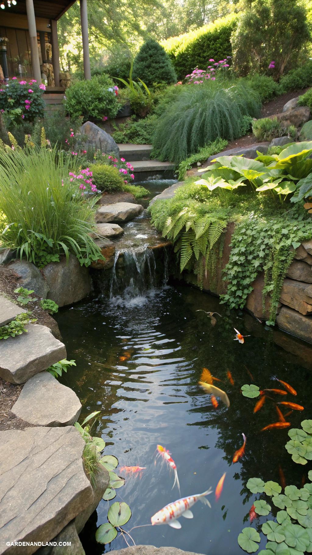sloped backyard ideas Mini pond with aquatic plants and fish