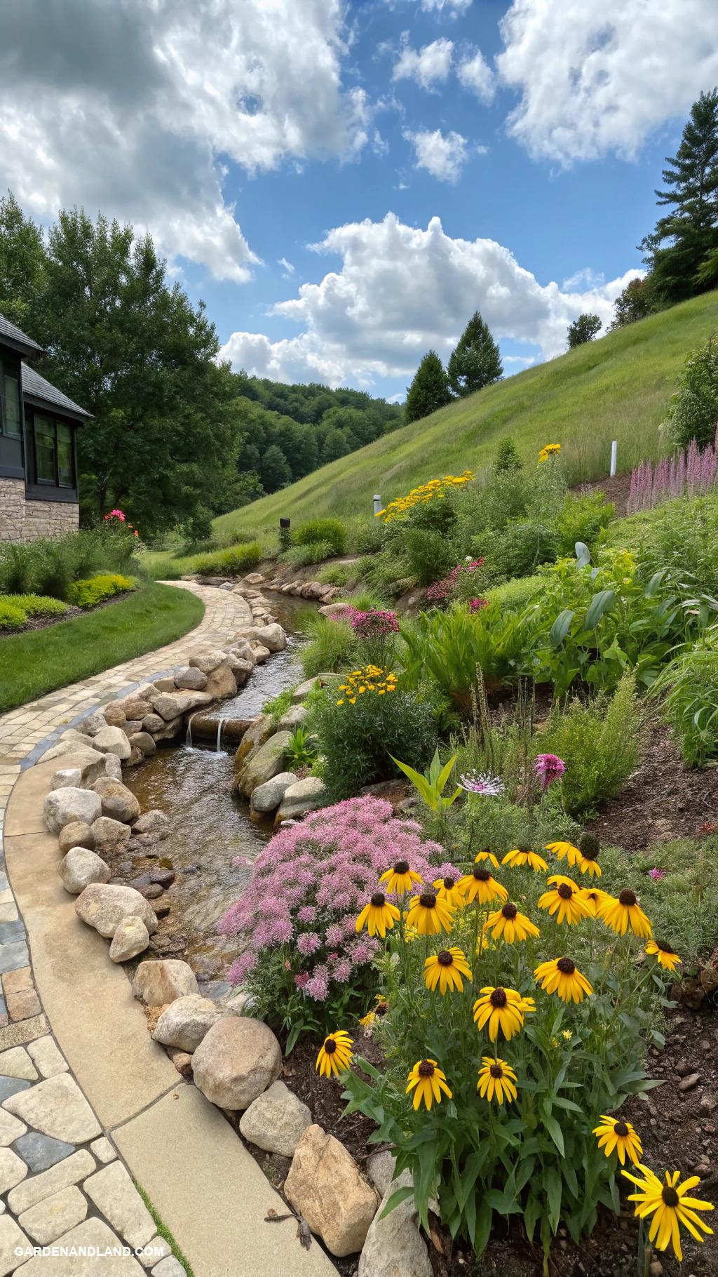 sloped backyard ideas Rain garden to manage water runoff effectively