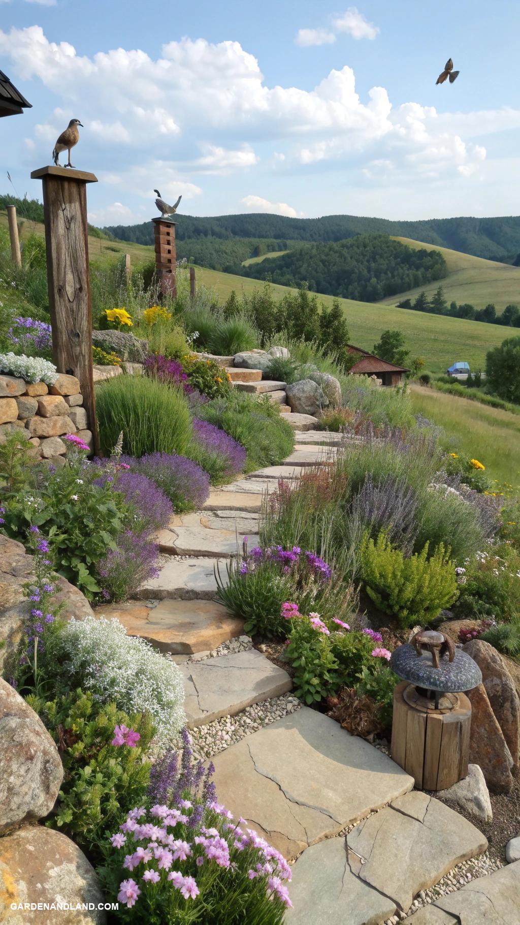 sloped backyard ideas Rock garden with native plants and sculptures