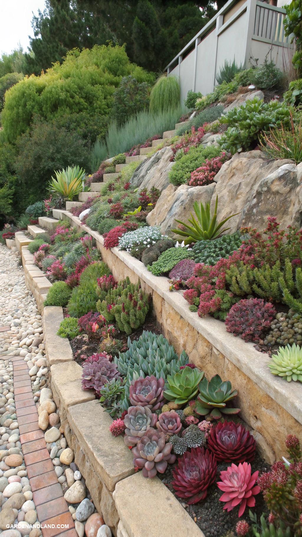 sloped backyard ideas Succulent slope garden for low maintenance
