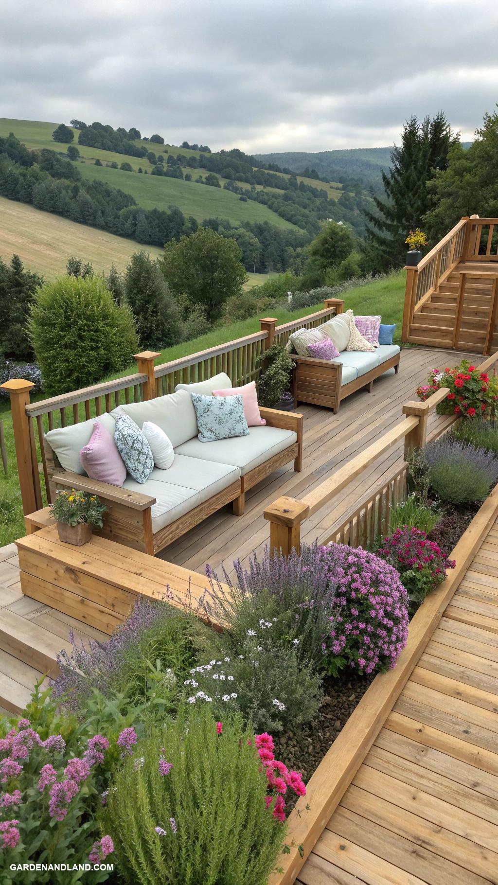 sloped backyard ideas Wooden deck for lounging and entertaining
