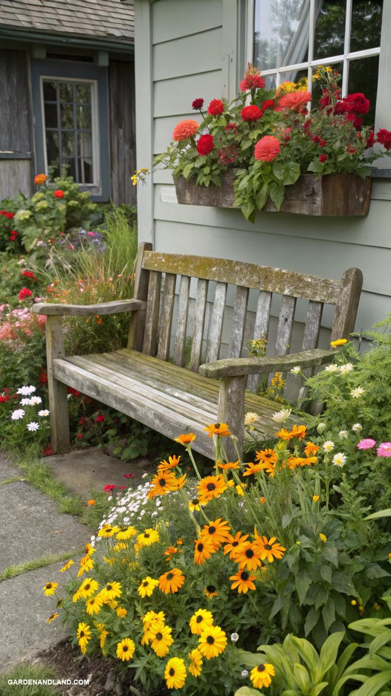 small front yard gardens Rustic bench surrounded by vibrant blooms