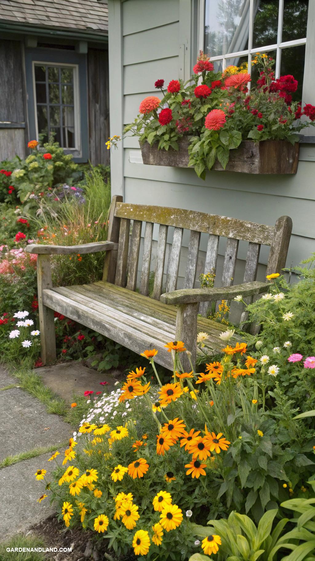 small front yard gardens Rustic bench surrounded by vibrant blooms
