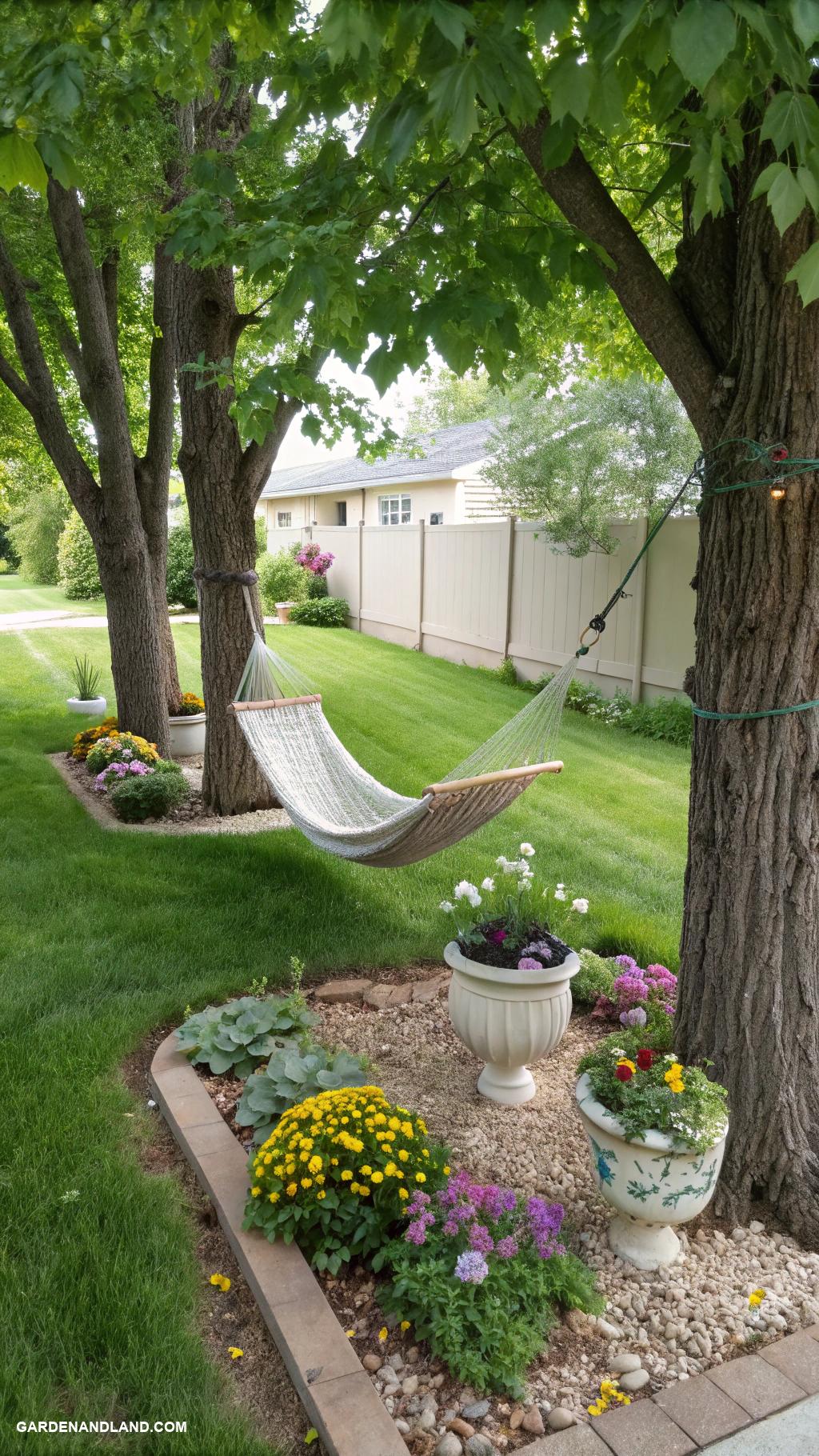 small front yard gardens Shaded nook with hammock and plants