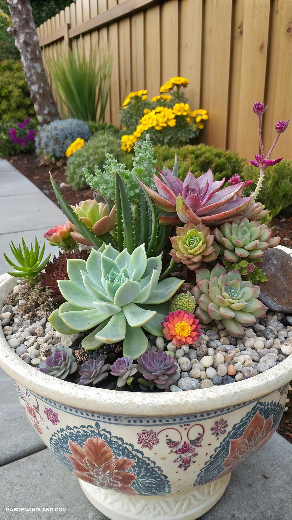 small front yard gardens Succulent arrangement in a decorative pot