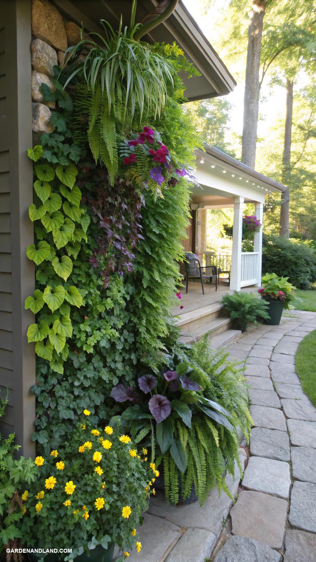 small front yard ideas Vertical garden with mixed plant textures