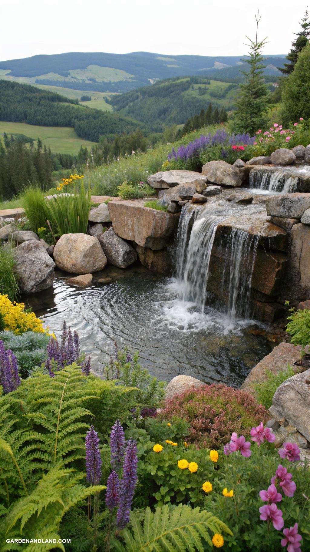 steep hill landscaping Cascading waterfall feature with native plants