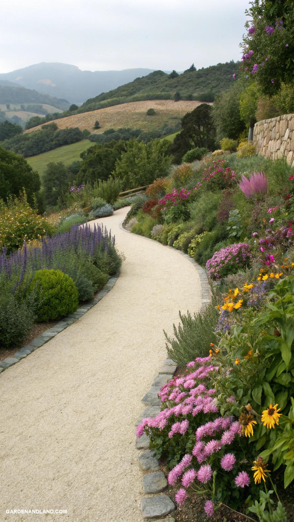 steep hill landscaping Meandering gravel paths lined with perennials