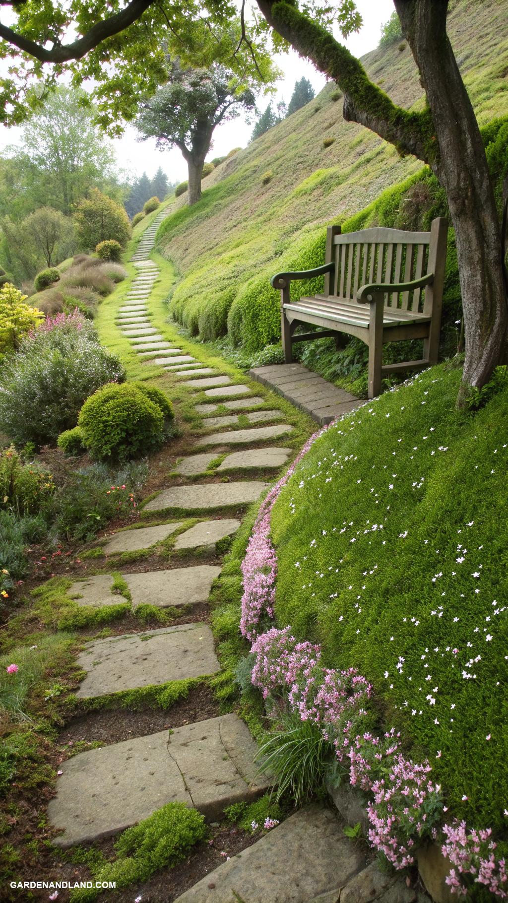 steep hill landscaping Stepping stone pathways with moss accents