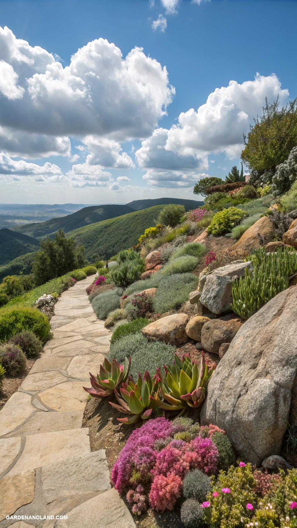 steep hill landscaping Succulent rock garden with boulders